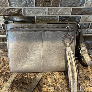 Brighton Silver Leather Crossbody with Heart Tassel
